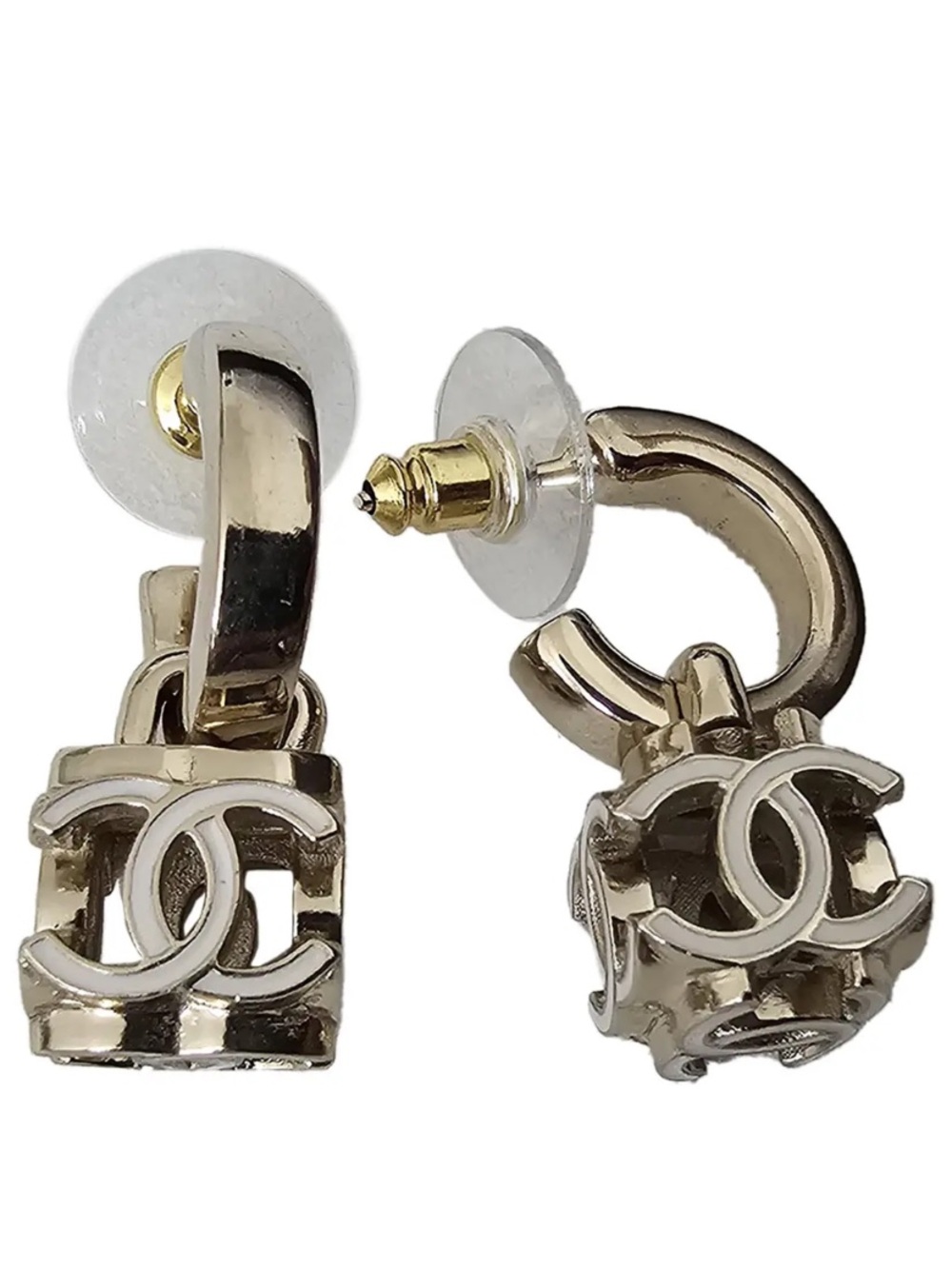 Chanel CC Logo Hoop Gold - Tone Earrings with White Enamel Logo.